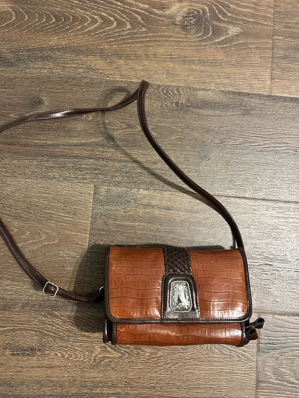 Brown Croc-Embossed Leather Crossbody with Belt Metal Accent